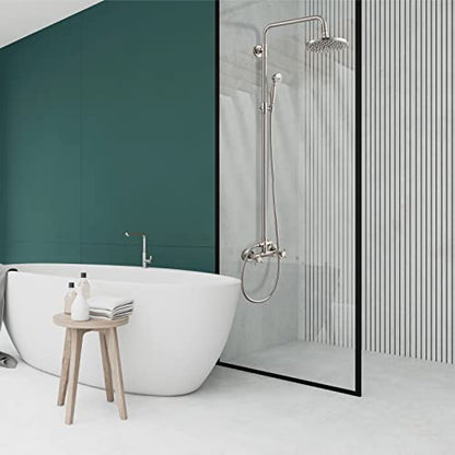 Heyalan Dual Shower System, 8 Inch Rain Head, Handheld,Brushed Nickel | Dual shower system with 8 inch rain head, handheld sprayer, exposed pipe design, two-handle control, and brass body. - color: Brushed Nickel