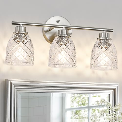 3-Light Bathroom Light Fixtures, Brushed Nickel Vanity Lights Over Mirror | Modern Farmhouse Wall Sconces with Hammered Glass Lampshade for Kitchen Hallway Bedroom Living Room Cabinet Porch-18.1IN - color: Brushed Nickel, size: 3-Light