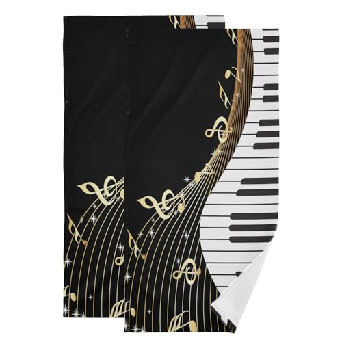 Golden Musical Notes Hand Towels for Bathroom Set of 2,Black and White Piano Instrument Music Theme Kitchen Towels,Microfiber Absorbent Decorative Bathroom Towels for Face,Shower,Gym 14"x28" - color: Black Gold