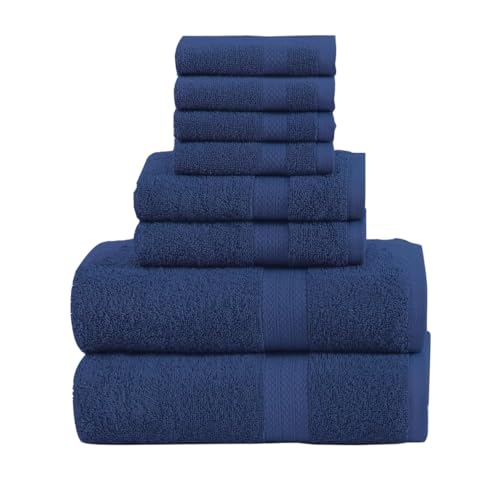 QUBA LINEN Pack of 8 Towels Set, 2 Large Bath Towels, 2 Hand Towels, 4 Wash Cloths, 100% Cotton, Lighter Weight, Quicker to Dry, Super Absorbent, Perfect for Bathroom (Navy) - color: Navy