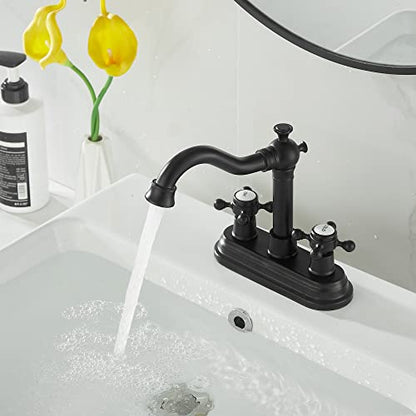 Bathroom Faucet Matte Black 2 Handles 4 Inches Centerset Black Bathroom Vanity with Drain Assembly and Supply Hose Lavatory Faucet - color: Black, style: Ceramic Cover