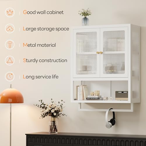 Bathroom Wall Cabinet with 2 Glass Door, Bathroom Medicine Cabinet with Towels Bar and Shelves, Over The Toilet Storage Cabinet, Metal Wall Mounted Cabinet for Kitchen (Upgraded White) - color: Upgraded White