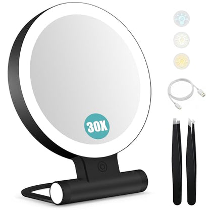 Magnifying Mirror with Light 30X, Double-Sided 1X/ 30X Magnifying Makeup Mirror with Tweezer, 2000mAh 3 Colour Modes with Adjustable Brightness,Foldable Compact Travel Mirror(Black) - color: Black