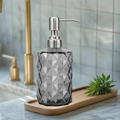 12Oz Gray Glass Soap Dispenser, Liquid Hand Bottle, Stainless Steel Pump | Refillable Clear Kitchen Soap Dispenser with Diamond Design, for Hand soap, Dish Soap, Lotion, Bathroom, Countertop, Hotel - color: Diamond Gray
