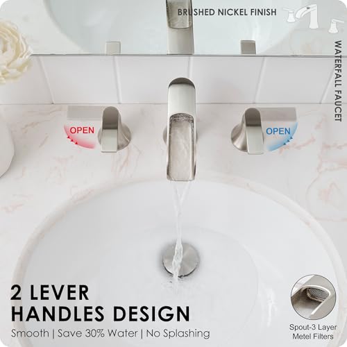 Brushed Nickel Bathroom Faucet 3 Hole, 4-8 Inch Waterfall Bathroom Sink Faucet Widespread with Drain & cUPC Supply Hose, 2 Handles for Vanity, Lavatory, Restroom, Brass Material, 10 Mins Install - color: Brushed Nickel - Modern