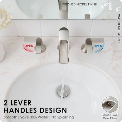 Brushed Nickel Bathroom Faucet 3 Hole, 4-8 Inch Waterfall Bathroom Sink Faucet Widespread with Drain & cUPC Supply Hose, 2 Handles for Vanity, Lavatory, Restroom, Brass Material, 10 Mins Install - color: Brushed Nickel - Modern