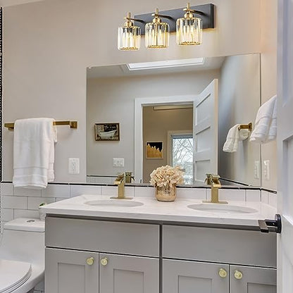 Modern Crystal Bathroom Vanity Lights, 3-Lights Black Gold Bathroom Light Fixtures Over Mirror, Crystal Vanity Light with Polished Gold Finish(Exclude Bulb) - color: Black Gold-Round Shade, size: 3-Light