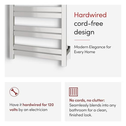 WarmlyYours Grande Heated Towel Rack, 12 Bars, Polished Stainless Steel | Wall-mounted electric towel warmer rack and dryer, 120V hardwired, flat heated bars for towels and bathrobes - color: Polished Stainless Steel, size: 12 Bars
