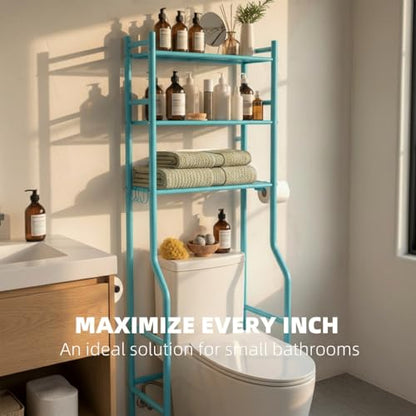 GloTika 3-Tier Over Toilet Storage, Anti-Tilt, 64" H, Blue | Anti-Tilt Safety System, 150lb Capacity, Carbon Steel, Freestanding, No Drilling, Anti-Rust Coating, Paper Holder & 4 Hooks - color: Blue, size: 3-Tier