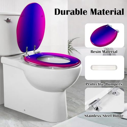 Elongated Toilet Seat Purple pink Resin Toilet Seat Slow Quiet Close with Quick-Release Hinges Toilet Seat with Cover Easy to Clean Install - color: Multi8, size: 19.5"x14.5"
