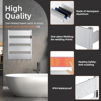 K&KALONZO Electric Heated Towel Rack, 2-Min Heat, Plug-in/Hardwired, H4-S | Wall Mounted, 10 Timers & 3 Heat Levels, 2H Rapid Dry, Anti-Scald, Aerospace Aluminum Towel Warmer for Bathroom, 4 Hooks, - color: Silver, size: 4-Bar