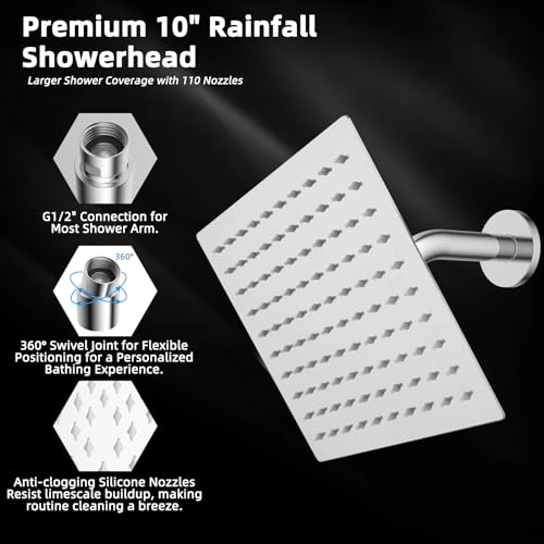 Hibbent All Metal 10x9 Inch Shower Head, High Pressure Stainless Steel Rain Showerheads, Bathroom Rainfall Showerhead with Ultra-thin Design, Adjustable Brass Ball Joint, Silicone Nozzles, Chrome - color: Chrome, size: 10 Inch