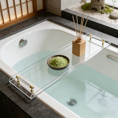Clear Acrylic Bathtub Caddy Tray with Gold Handles for Luxury Bathroom Bathtub, 31 x 9 Inch