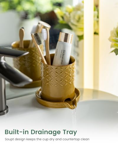 Zoeeker Toothbrush Holder with Drainage, Ceramic Toothbrush Holders Set | Electric Toothbrush & Toothpaste Holder for Bathrooms Self-draining Tooth Brush Cup Countertop Organizers for Family, Yellow - color: B-yellow