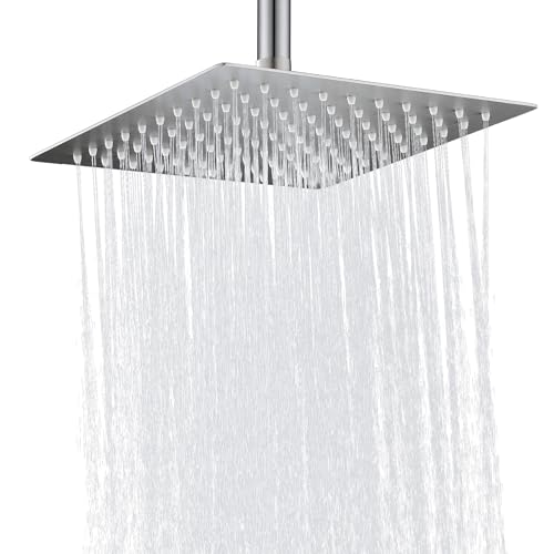 Rain Shower Head 10'' High Pressure Square Rainfall Shower Head Stainless Steel Ultra Thin Waterfall Bathroom Showerhead Body Covering Ceiling Mounted (Brushed nickel)
