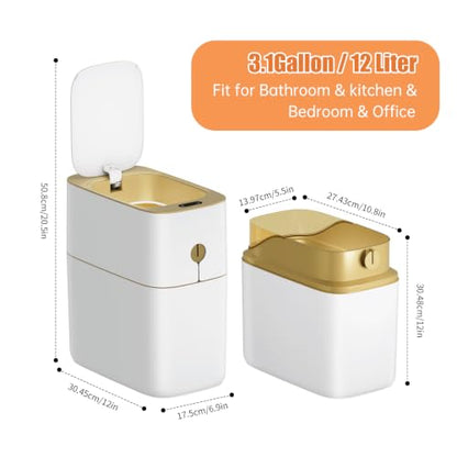 funest Smart Bathroom Trash Can with Lid, 3.6 Gallon Slim Motion Gold Sensor Garbage Bin with Inner Bucket, Trash Can with Lid Waterproof for Kitchen Office