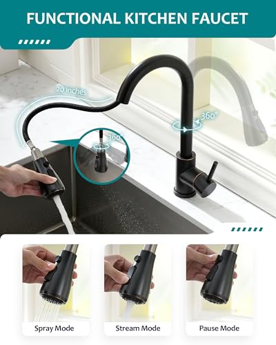 VFAUOSIT Kitchen Faucet with Pull Down Sprayer, Oil-Rubbed Bronze | cUPC and CEC Certified, Lead-Free SUS304 Steel, 3 Spray Modes, 360° Swivel, Fingerprint-Resistant Finish, Ceramic Disc Valve - color: Oil Rubbed Bronze-01