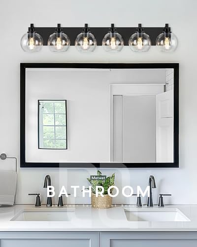 6-Light Matte Black Bathroom Vanity Light, Clear Glass Globe Shade | 38" modern bathroom light fixtures over mirror, E26 base, bulbs not included, VL195-MB-6 - color: Black, Clear Glass, size: 6-light