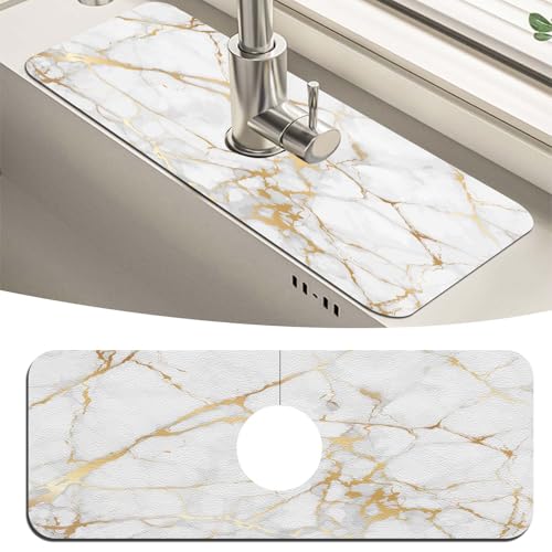 MCALK Marble White Kitchen Sink Faucet Mat Splash Guard, Absorbent Quick-Dry Kitchen Sink Mat - Ideal for Splash Guard & Drip Catching with Modern Art Decor( 1pc 15"x5.5") - color: 01Marble White