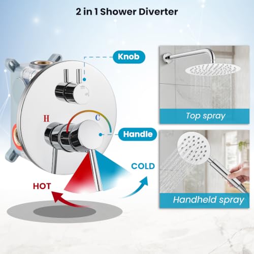 gotonovo High Pressure Shower System Valve and Trim Kit,Polish Chrome | Round Rain 10 Inch Shower Head with Handheld Faucet Set Complete,Rough In Valve,2-in-1 Diverter,All Metal,Bathroom Wall Mount - color: Chrome