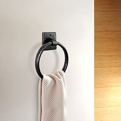 Monarch Abode Bathroom Towel Holder – 7-Inch Round Matte Black Bathroom Hand Towel Holder for Bathrooms Wall, Metal Hand Hammered Towels Ring Wall Mount, Traditional Surface-Mounted Ring Hanger - color: Matte Black, style: Traditional