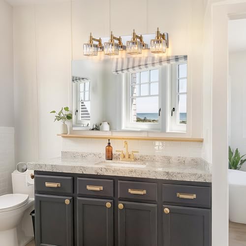 Crystal Bathroom Light Gold Chrome 4-Light Modern Bathroom Vanity Fixtures Over Mirror Square Crystal Wall Sconce - color: Gold Chrome-Square Shade, size: 4-Light