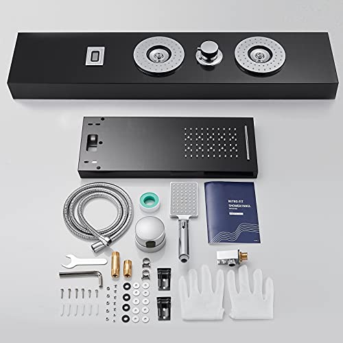 ROVOGO RETROFIT Shower Panel Tower with LED Lights and Temperature Display | Rainfall Waterfall Shower Head, Body Jets and Handheld, Stainless Shower Column Black, Easy Connect, NOT INCLUDE MIXING VALVE