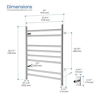 Kibi 24 Inch Wall-Mounted Electric Towel Warmer Rack– 8-Bar 304 Stainless Steel, ETL-Certified, Hardwired or Plug-in, Fast-Heat Up to 122 Degrees F – Heated Towel Rack for Bathroom (Chrome) - color: Chrome