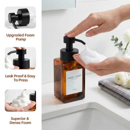 Foaming Hand Soap Dispenser, 12oz/350ml Glass Foaming Soap Dispenser, 2Pcs Foaming Soap Dispenser, Waterproof Labels, for Bathroom & Kitchen, Amber