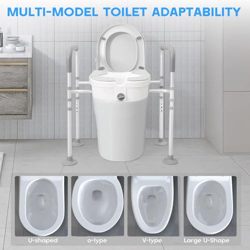 Toilet Seat Risers For Seniors 4-Legged Adjustable Raised Toilet Seat With Handles Thickened Aluminum Alloy Frame Toilet Riser Withhandles For Seniors for Elderly Disabled Medical (Grey & White).