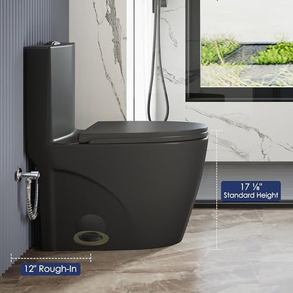 Elongated One Piece Toilet, Dual Flush 1.1/1.6 GPF, Matte Black | ADA Compliant 17" chair height bowl, Powerful siphon dual flush, 12" rough-in, comfort soft closing seat, Matte black toilet - color: Matte Black