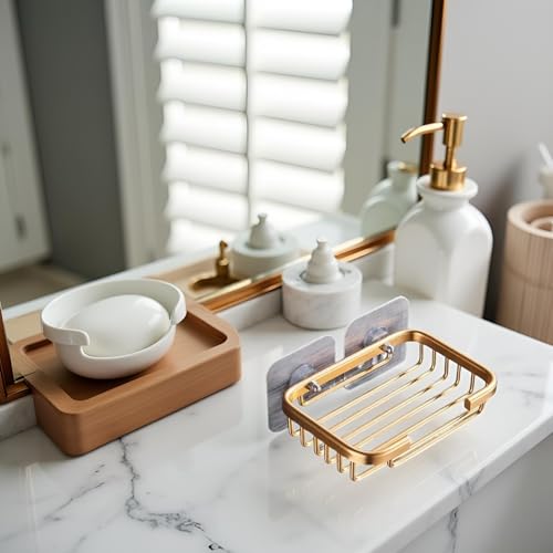Gold Bar Soap Holder for Shower Wall, Stainless Steel Adhesive Soap Dish for Bathroom, Drill Free Soap Holder Storage Rack Soap Dishes, Holders and Dispensers, Bathroom Soap Dishes