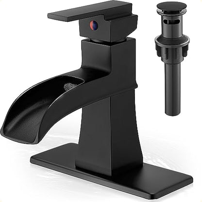 Waterfall Faucet, Brass Black Bathroom Sink Faucet 1 Hole or 3 Holes (4 Inch) with Single Handle, Pop-Up Drain, Lead-Free cUPC Supply Hoses & Deck Plate for Vanity Lavatory RV - color: Matte Black