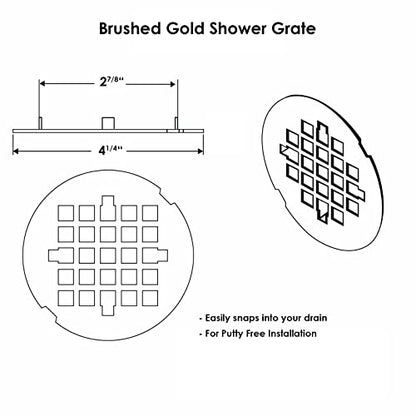 4 ¼” Brushed Gold Snap-in Shower Drain Cover - Gold Replacement - 4.25" OD Shower Drain Strainer - Easy Install - Premium Round Shower Drain Cover - Solid Brass Construction - color: Brushed Gold