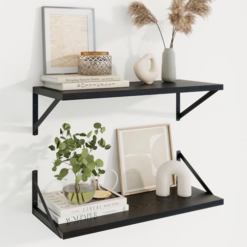 Deep Floating Shelves, 24'' x 10'' Black Wall Shelves Set of 2 | 10 Inch Deep Shelves with Heavy Duty Brackets, Rustic Wood Shelves for Bathroom Living Room, Engineered Wood, 40LBS - color: Black, size: 24W x 10D