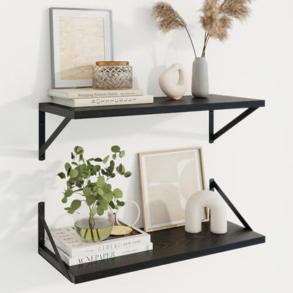 Deep Floating Shelves, 24'' x 10'' Black Wall Shelves Set of 2 | 10 Inch Deep Shelves with Heavy Duty Brackets, Rustic Wood Shelves for Bathroom Living Room, Engineered Wood, 40LBS - color: Black, size: 24W x 10D