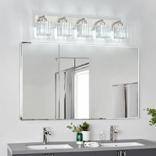 Modern Vanity Light 5-Lights Brushed Nickel Vanity Light Crystal Bathroom Wall Light Bathroom Light Fixtures - color: Nickel Straight, size: 5-light