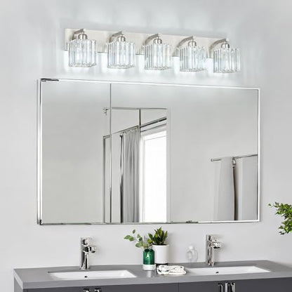 Modern Vanity Light 5-Lights Brushed Nickel Vanity Light Crystal Bathroom Wall Light Bathroom Light Fixtures - color: Nickel Straight, size: 5-light