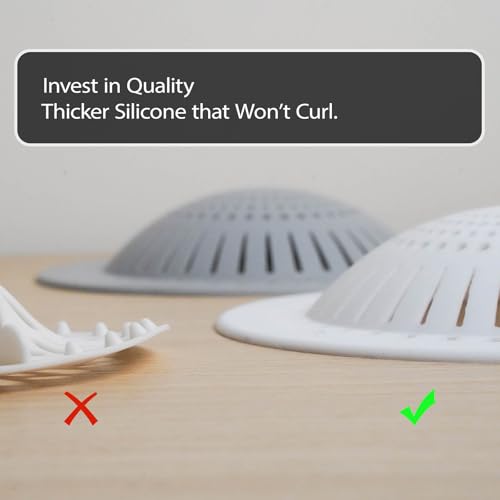 Shower Drain Hair Catcher & Bathtub Drain Hair Catcher, Silicone Drain Hair Catcher with Raised Dome Keeps Draining, Fits Flat & Pop-Up Drains, No-Curl Silicone, No-Touch Pull Tab (White)