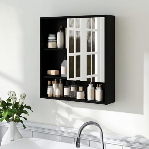 Panana Bathroom Medicine Cabinet with Mirror, Wall Mounted Single Mirror Door Storage Cabinet with 3 Open Compartments, Adjustable Height Shelf, 21.9x5.1x23.6 inch (Black) - color: Black