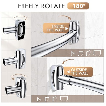 Curved Shower Curtain Rod for Bathroom, 40-72 Inches Adjustable Shower Rod | Rustproof Shower Curtain Rod with Rotating Brackets for Extra 30% Large Shower Space, 0.9MM thickness, Need to Drill, Chrome - color: Chrome