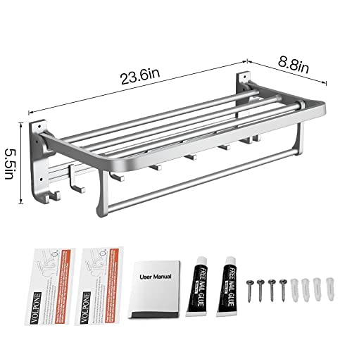 24 Inch Towel Rack with Towel Bar Holder Foldable Towel Shelf with Movable Hooks Rustproof Towel Storage Wall Mount for Bathroom Lavatory Silver - color: Silver