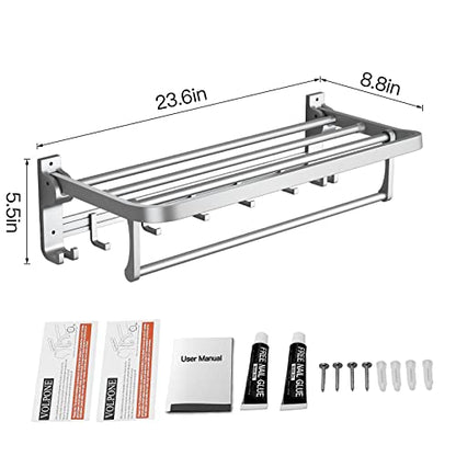 24 Inch Towel Rack with Towel Bar Holder Foldable Towel Shelf with Movable Hooks Rustproof Towel Storage Wall Mount for Bathroom Lavatory Silver - color: Silver