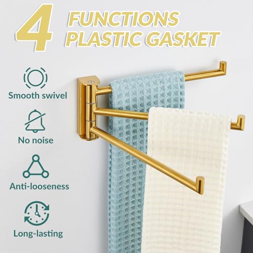 Brushed Gold Swivel Towel Rack with 3 Rotating Arms, Wall Mounted | 304 Stainless Steel, Rust-resistant for Bathroom, Kitchen, 180° Rotatable & Foldable Towel Holder, Space-saving Wall Mounted - color: Brushed Gold