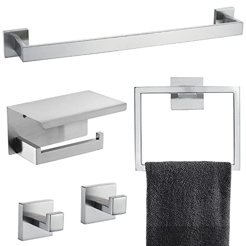 Brushed Nickel Bathroom Towel Bar Set Bathroom Accessories Hardware Set Including Towel Bar Towel Ring Coat Hook and Toilet Paper Holder with Shelf. Wall Mounted Stainless Steel - color: Brushed Nickel
