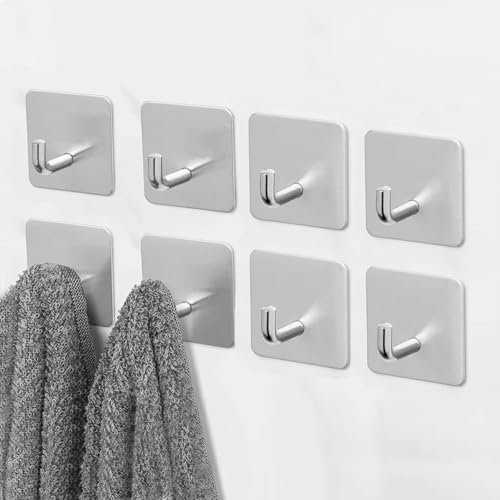 Adhesive Towel Hooks, 8 Pack Self Adhesive Coat Sticky Hooks for Hanging, Stainless Steel Stick on Wall Hat Hook, Bathrooms Kitchen Livingroom Garage, Silver