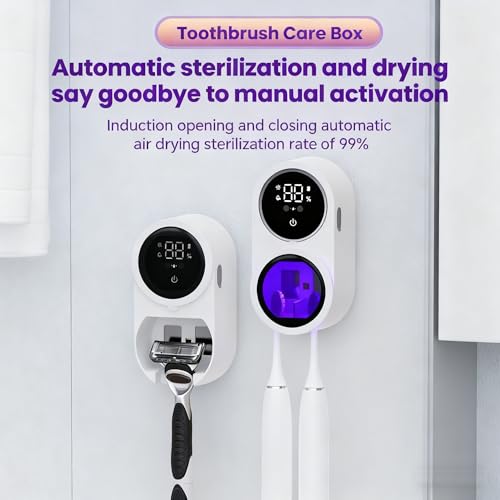 KLUEHOME Upgraded UV Toothbrush Sanitizer Holder for Bathroom, LED Smart Screen,Auto Light Cleaning and 140-Degree Air Drying, Rechargeable Mirror Wall Mounted,Fits Most Toothbrushes