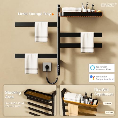 ENZE Smart Rotating Heated Towel Rack, 4-Bar, Matte Black | Wall-Mounted Electric Towel Warmer, Swivel Shelf, Wi-Fi App Control, 24H Timer, Stainless Steel - color: Black 17.72"x26.77"