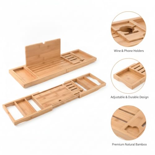 Adjustable Bathtub Organizer Tray with Drink Holder & Phone Slots, Natural Bamboo Bath Caddy for Standard Tubs