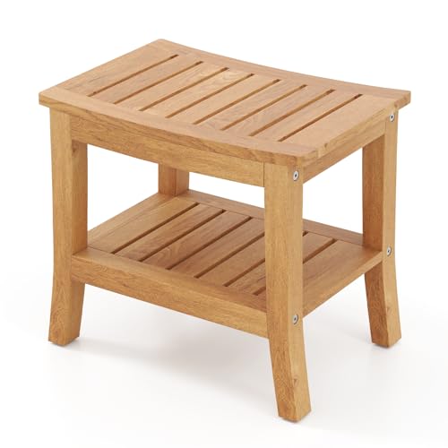 Giantex Teak Shower Bench with Shelf - Shower Stool for Elderly Seniors, Waterproof Teak Wood Non Slip Bathroom Spa Seat, Bathing Stool for Shaving Legs, Indoor & Outdoor Use, 20'' x 14'' x 18''